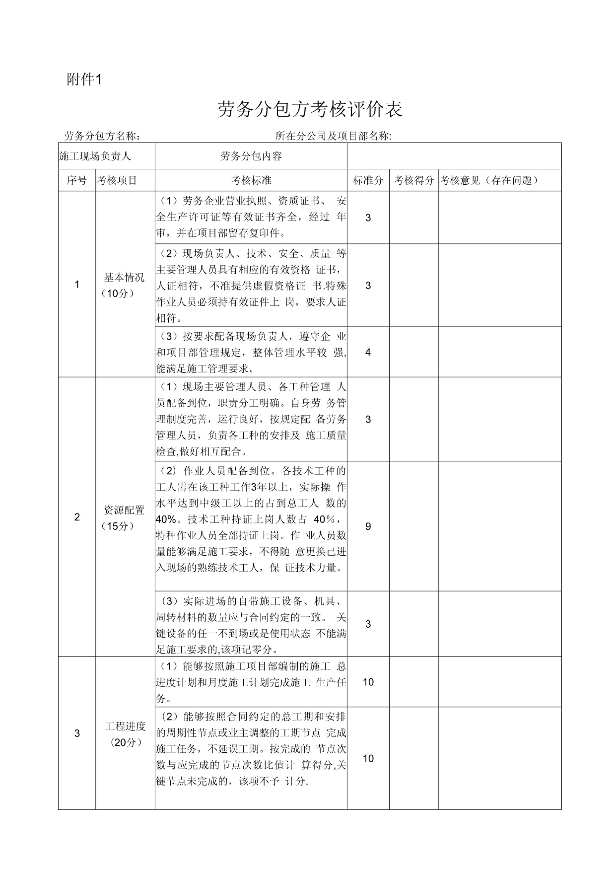 劳务分包方考核评价表格附表